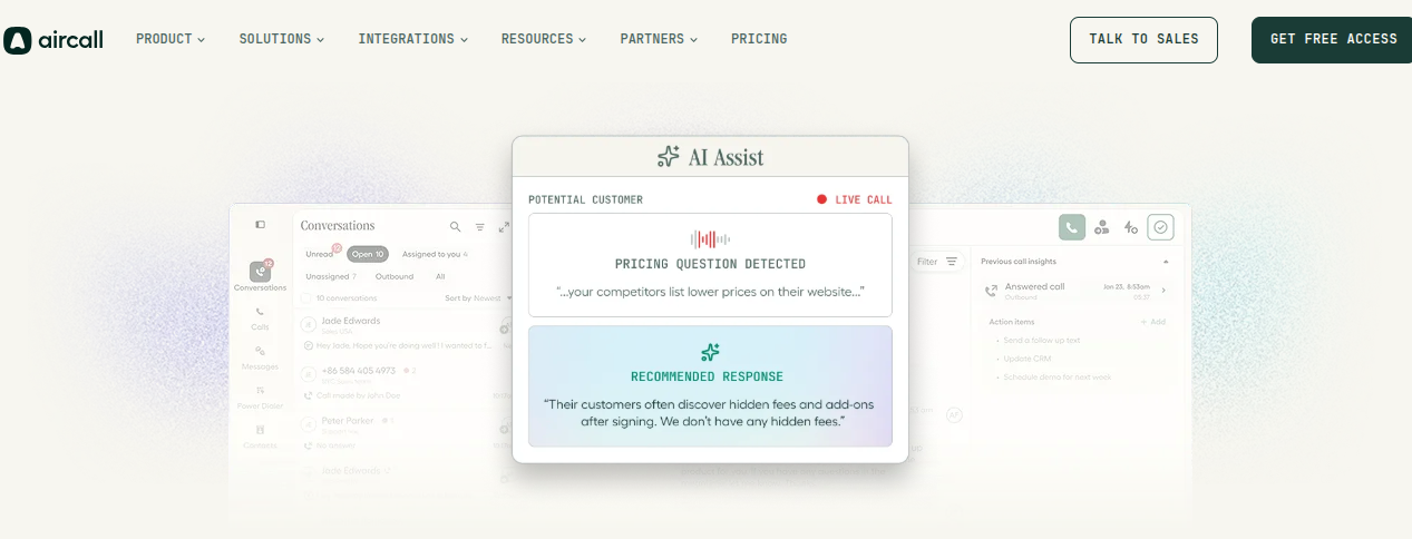 Aircall cloud phone system and CRM integration interface