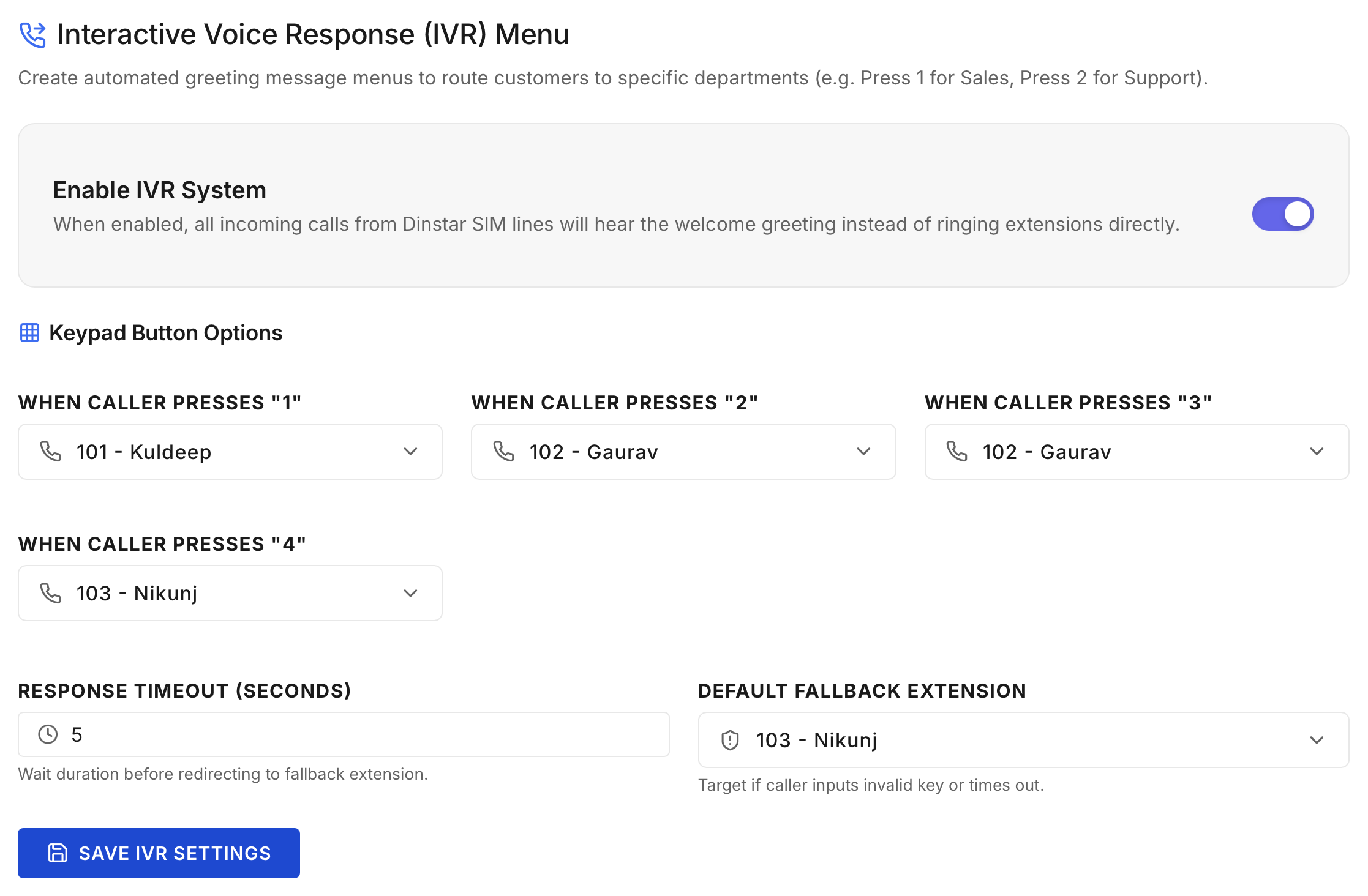 IVR menu settings